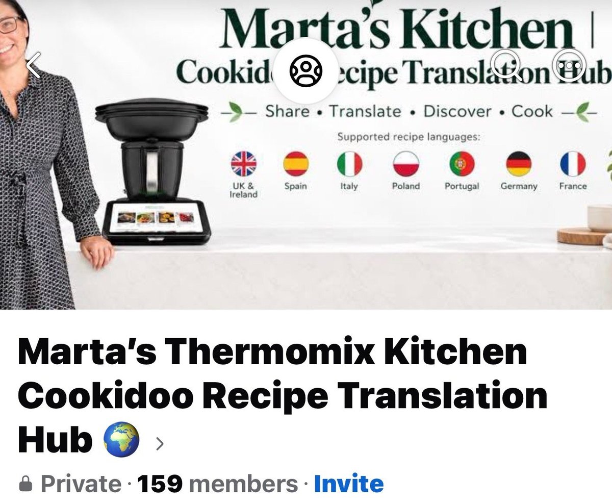 Martas Kitchen Cookidoo Recipe Translation Hub cover showing woman with Thermomix machine and recipe translation options for multiple languages